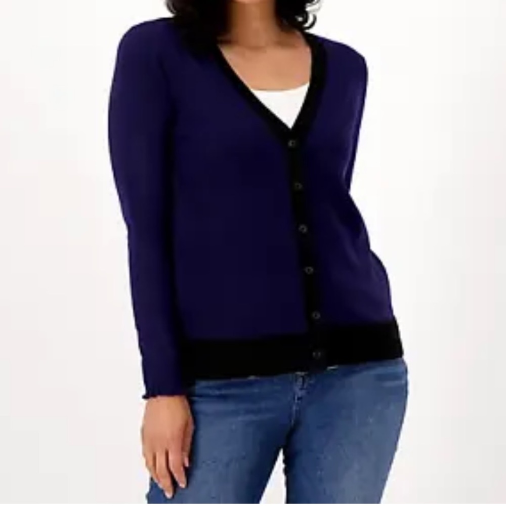 Candace Cameron Bure Navy & Black Surfside Button Up V-Neck Cardigan Sweater.